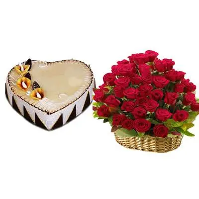 Heart Shape Butterscotch Cake with Red Rose Basket