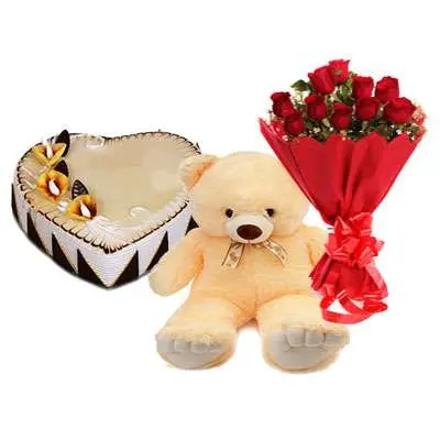Heart Shape Butterscotch Cake with Roses & Teddy