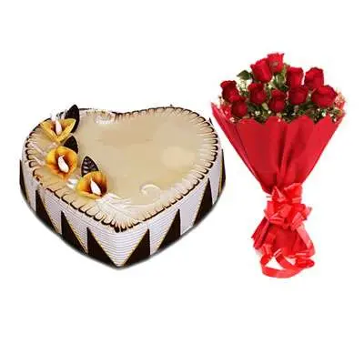 Heart Shape Butterscotch Cake with Red Rose Bouquet