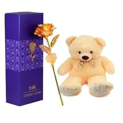 24K Golden Rose with Box & Teddy Bear