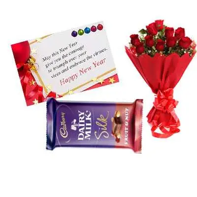 New Year Card, Red Roses & Dairy Milk Silk