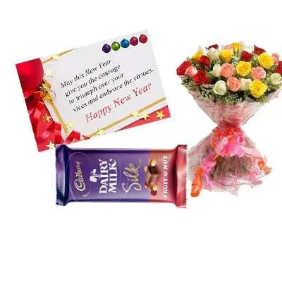New Year Card with Mix Roses & Dairy Milk Silk