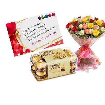 New Year Card with Mix Roses & Ferrero Rocher