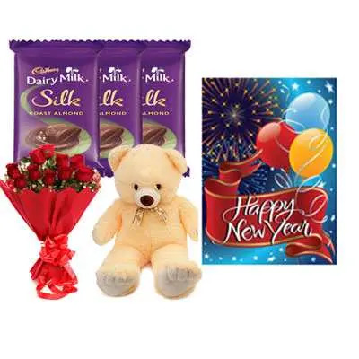 Cadbury Silk, Roses Bouquet, Card & Teddy Bear