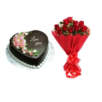 I Love You Chocolate Heart Shape Cake & Bouquet