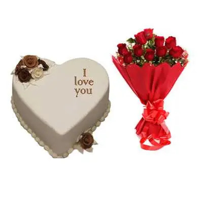 I Love You Vanilla Heart Shape Cake & Bouquet