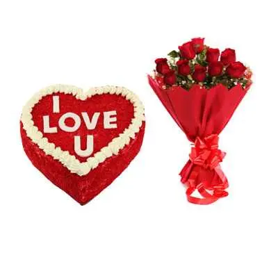 Love U Valentine Red Velvet Heart Shape Cake & Bouquet