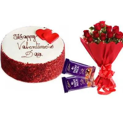 Happy Valentine Red Velvet Cake, Bouquet & Silk