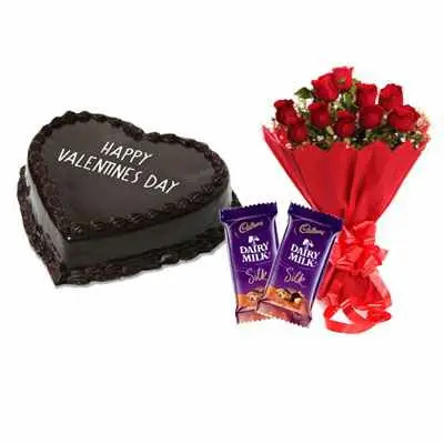Valentine Chocolate Heart Shape Cake, Bouquet & Silk