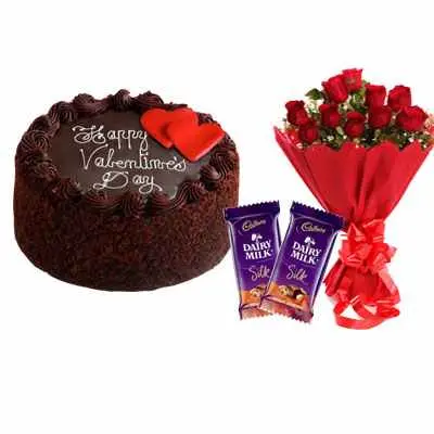 Valentine Day Chocolate Cake, Bouquet & Silk