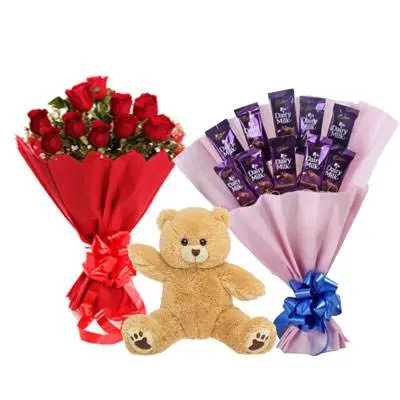 Roses , Teddy With Dairy Milk Bouquet