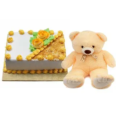 Teddy With Square Butter Scotch Cake