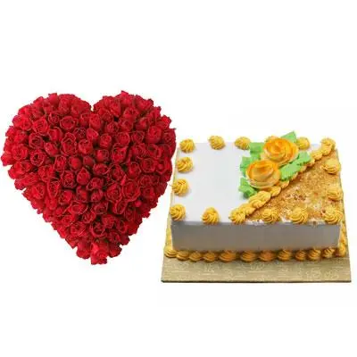 Roses Heart With Square Butter Scotch Cake