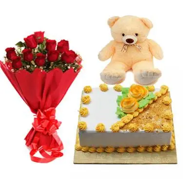 Roses, Teddy With Square Butter Scotch Cake