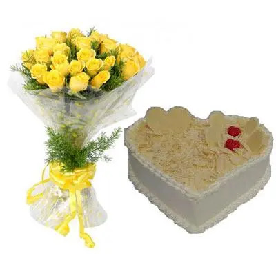 Yellow Roses With Heart Shape White Forest Cake