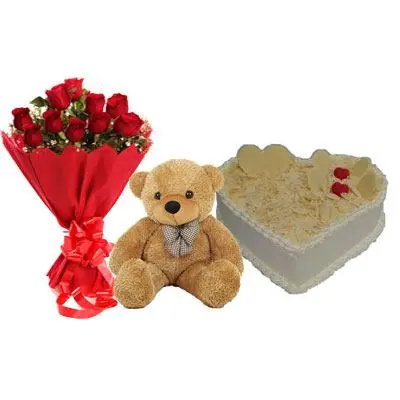 Roses, Teddy With Heart Shape White Forest Cake