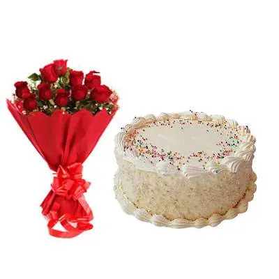 Red Roses With Vanilla Cake