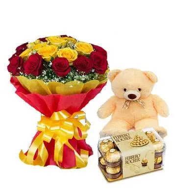 Red Yellow Bouquet with Teddy & Ferrero