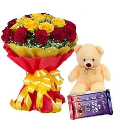 Red Yellow Bouquet with Teddy & Silk