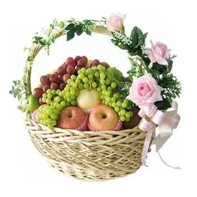 Decorated Fruit Basket with Pink Roses