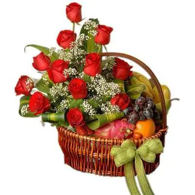 Decorated Fruit Basket with Red Roses