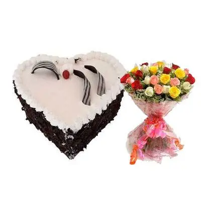 Eggless Heart Black Forest Cake, Mix Roses