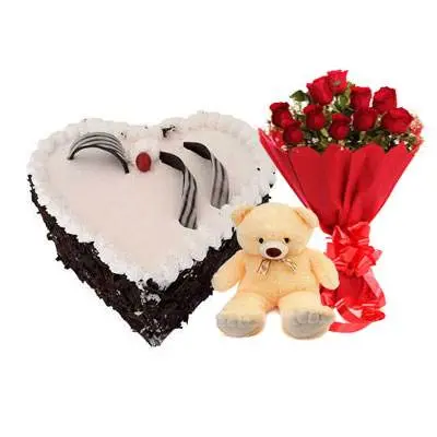 Eggless Heart Black Forest Cake, Red Roses & Teddy