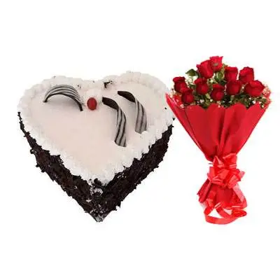 Eggless Heart Black Forest Cake & Red Roses
