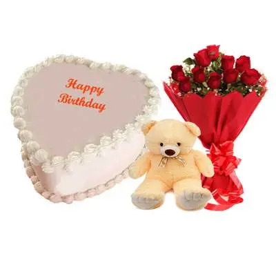 Eggless Heart Butterscotch Cake with Red Roses & Teddy
