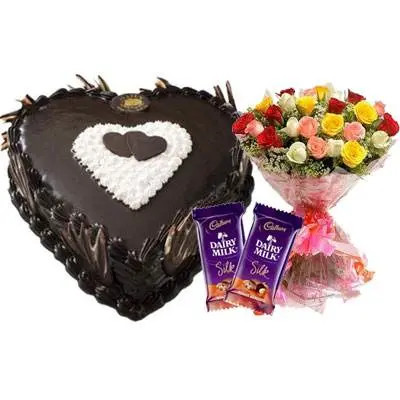 Eggless Heart Chocolate Cake, Mix Roses & Silk