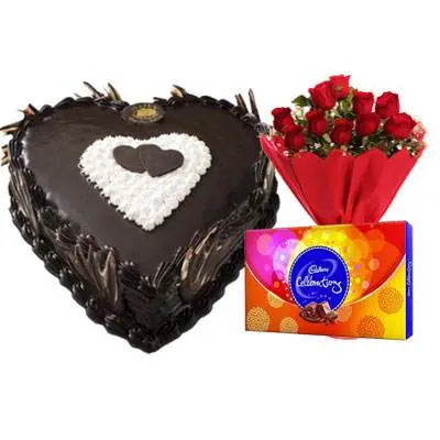 Eggless Heart Chocolate Cake, Red Roses & Celebration