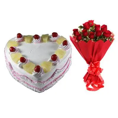 Eggless Heart Pineapple Cake & Red Roses