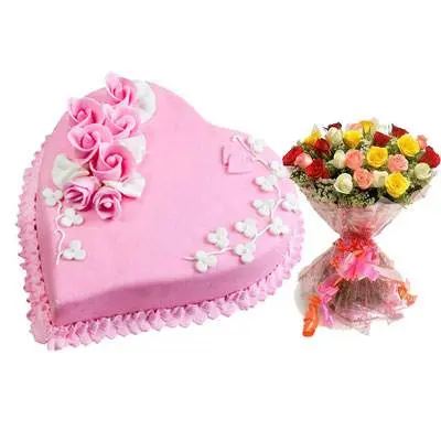 Eggless Heart Strawberry Cake & Mix Roses