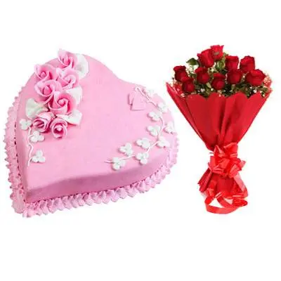 Eggless Heart Strawberry Cake & Red Roses