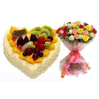 Fresh Fruits Heart Cake with Mix Roses