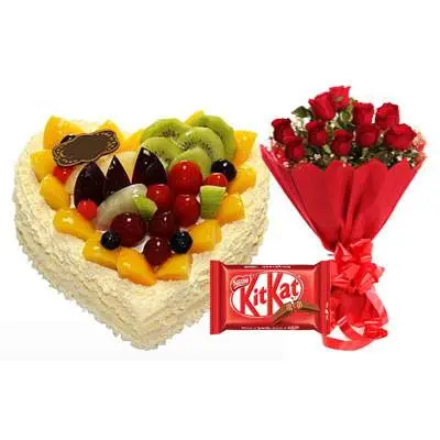 Fresh Fruits Heart Cake, Red Roses & Kitkat