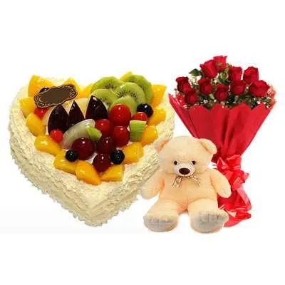 Fresh Fruits Heart Cake, Red Roses & Teddy