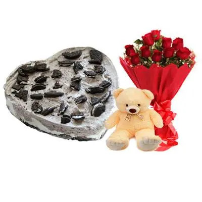 Heart Oreo Cake, Red Roses & Teddy
