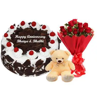 Eggless Black Forest Cake, Bouquet & Teddy