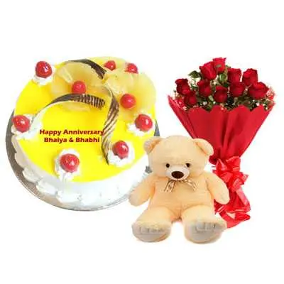 Eggless Pineapple Cake, Bouquet & Teddy