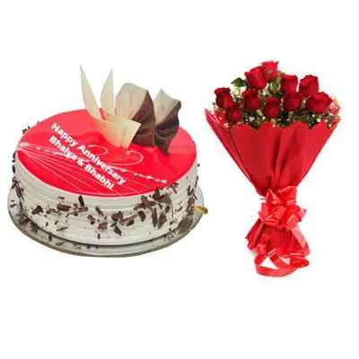 Eggless Strawberry Cake & Bouquet