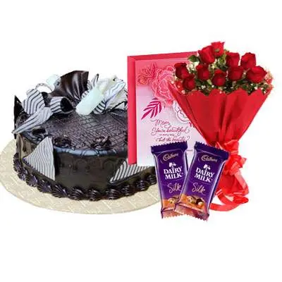 Chocolate Cream Cake, Bouquet, Silk & Card