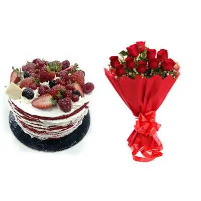 Red Velvet Fruit Cake & Bouquet