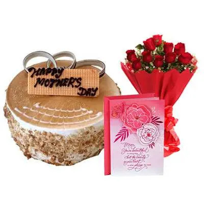 Mothers Day Butterscotch Cake, Bouquet & Card