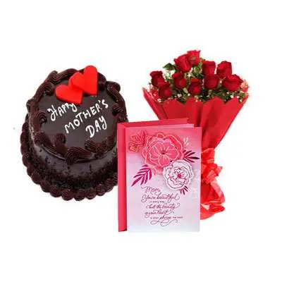 Mothers Day Chocolate Cake, Bouquet & Card