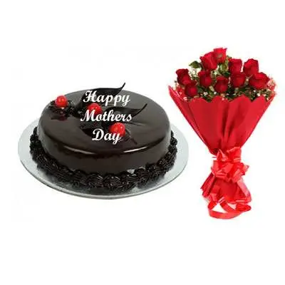 Mothers Day Chocolate Truffle Cake & Bouquet