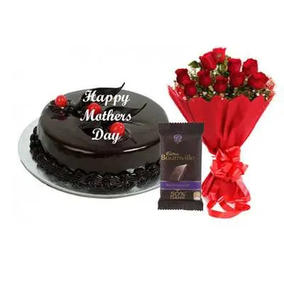 Mothers Day Chocolate Truffle Cake, Bouquet & Bournville