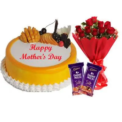 Mothers Day Mango Cake, Bouquet & Silk