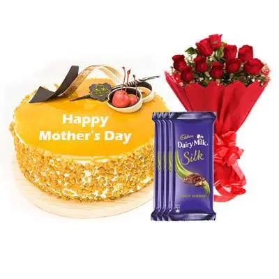 Mothers Day Butterscotch Cream Cake, Bouquet & Silk