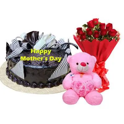 Mothers Day Chocolate Cream Cake, Bouquet & Teddy